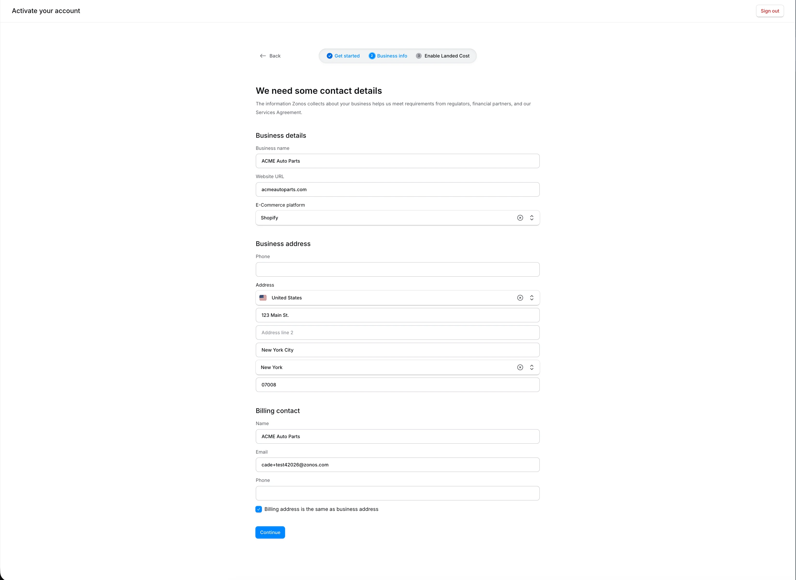 Wizard step with business details, address, and billing contact